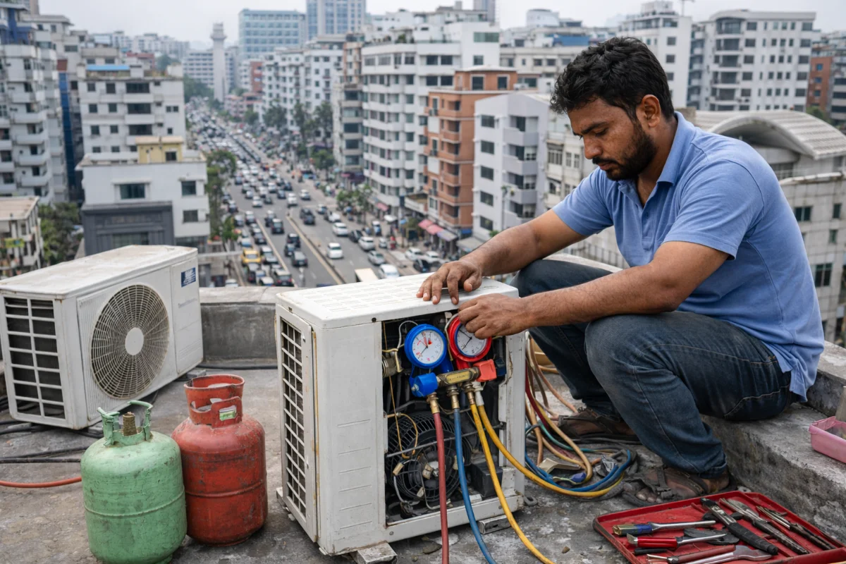 ac service in mohammadpur by Sohan Engineering Works technician.