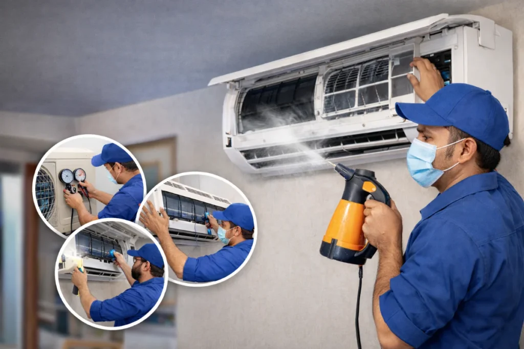 Technician Servicing ac in Dhaka.