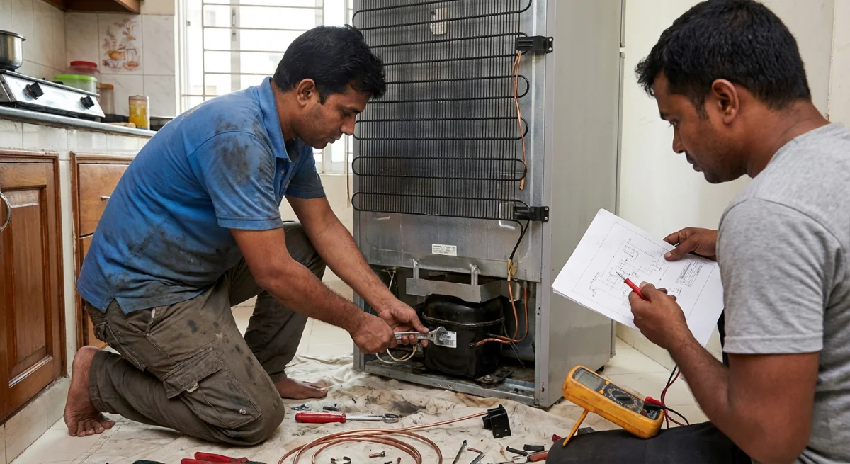 fridge repair service dhaka. Sohan Engineering Works technician repairing fridge. 