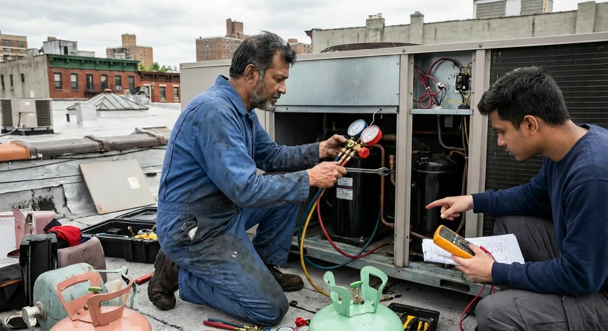 hvac repair service dhaka. technician repairing outdoor unit of HVAC in Dhaka.
